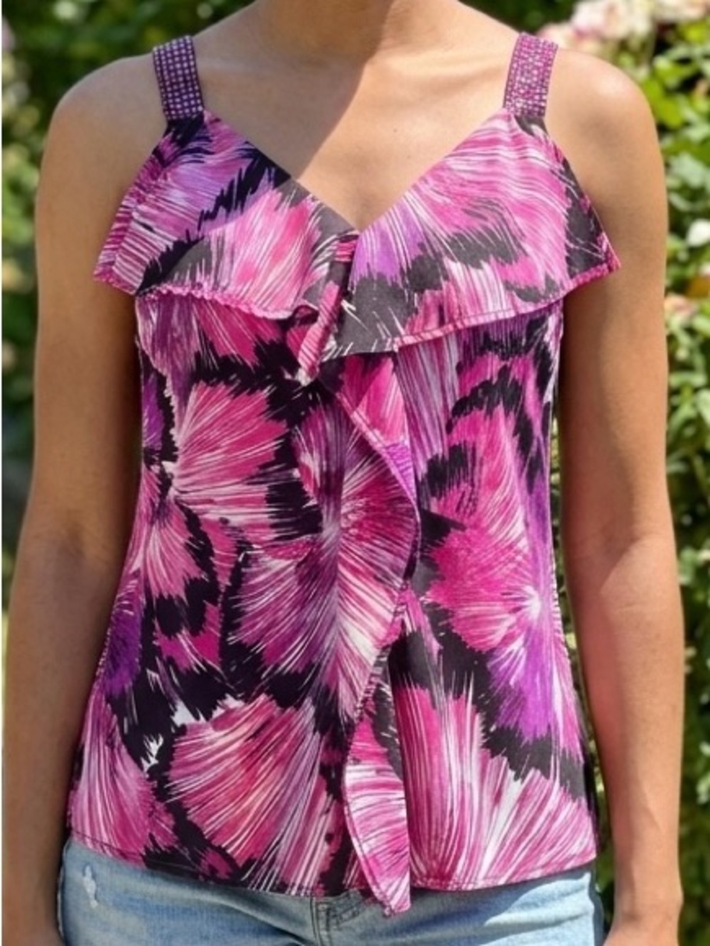 ELLE Hot Pink Purple Abstract Floral Ruffle Sequin Strap Tank Top Blouse XS EUC